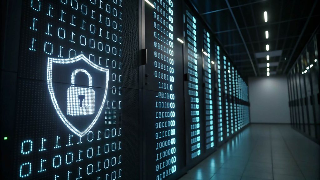 wall of servers with a security badge overlaid