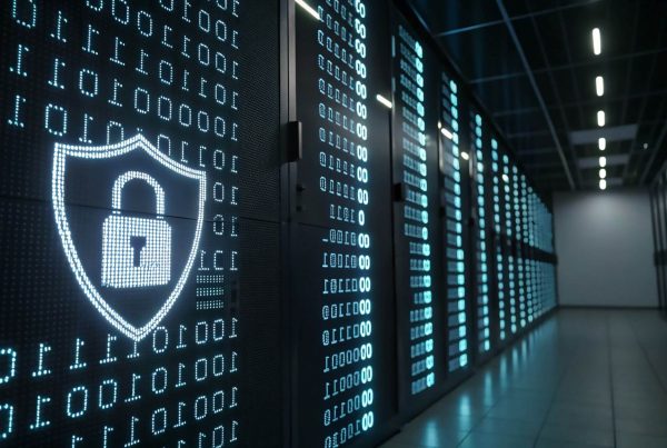 wall of servers with a security badge overlaid